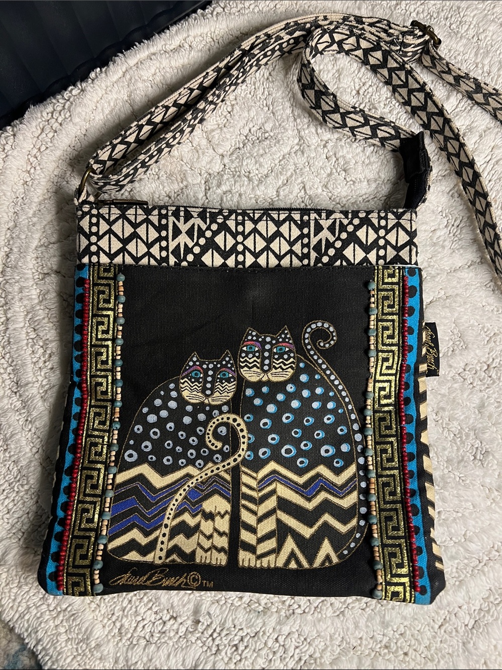 Laurel Burch Crossbody Bag with 2 Cats Beaded Gold Black Blue Cream Geometric